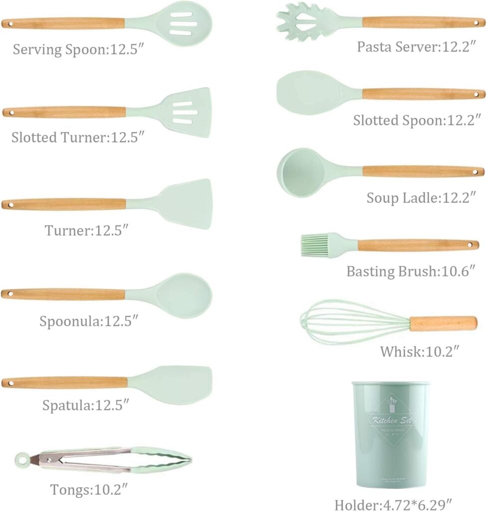 KagoLing Kitchen Utensil Set, Silicone Kitchen Utensils, Non-Stick Heat Resistant Kitchen Utensil Set with Wooden Handle, 12 Pieces, Kitchen Utensils Including Spoons, Tongs, Whisk, Spatula