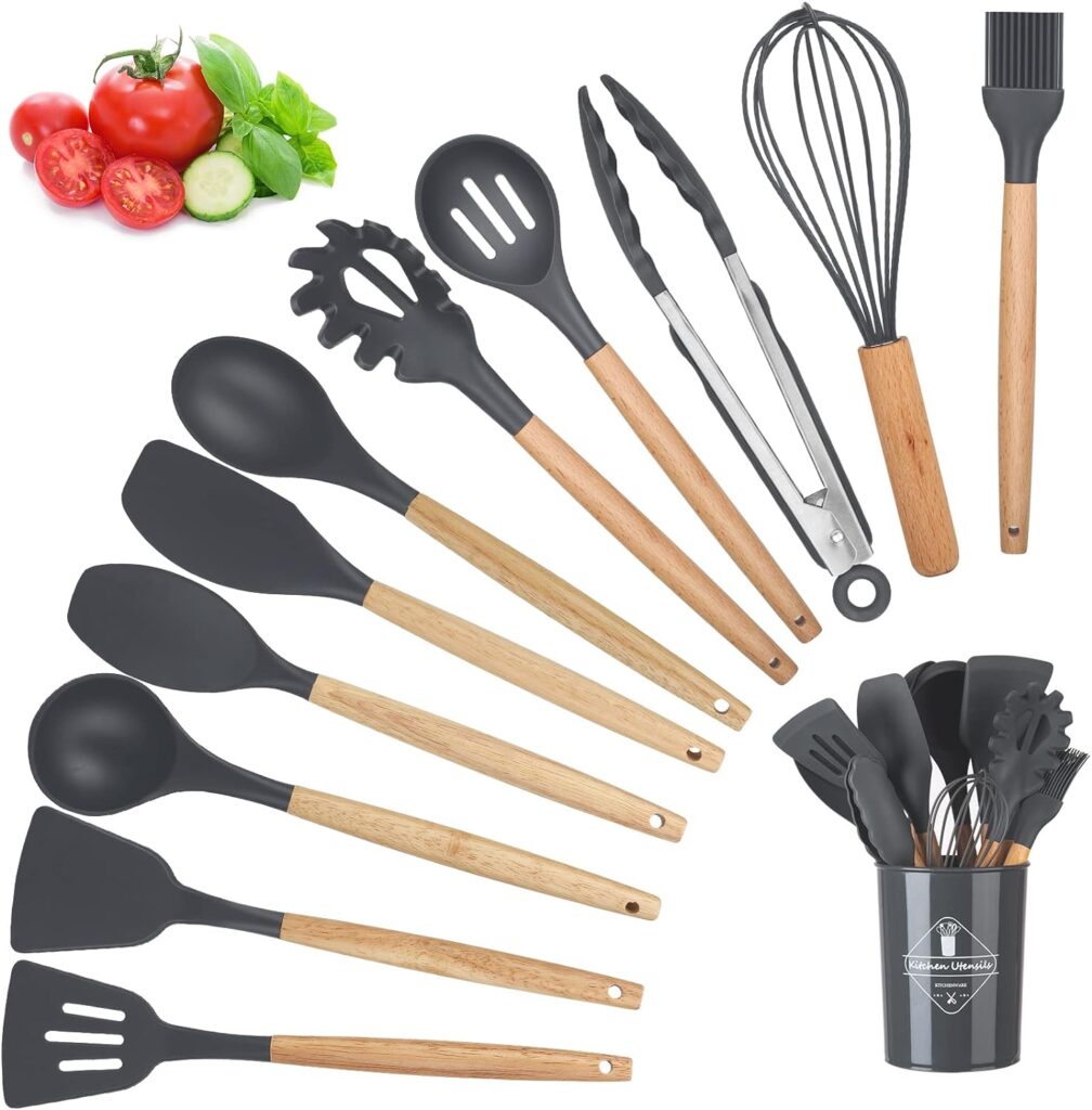 Kitchen Utensil Set, Silicone Cooking Spoon, Kitchen Utensils Set, BPA-Free, FDA Heat-Resistant Wooden Handles, Cooking Tool, Silicone Turner, Spatula, Spoon for Non-Stick Cookware - 12 Pieces