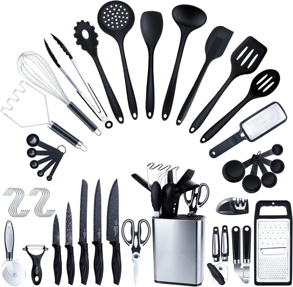 Kitchen Utensil Set Stainless Steel 45 Pieces Knife Block with Knife with Silicone Spatula Soup Ladle Spaghetti Spoon Barbecue Tongs Knife Sharpener Kitchen Utensil Set