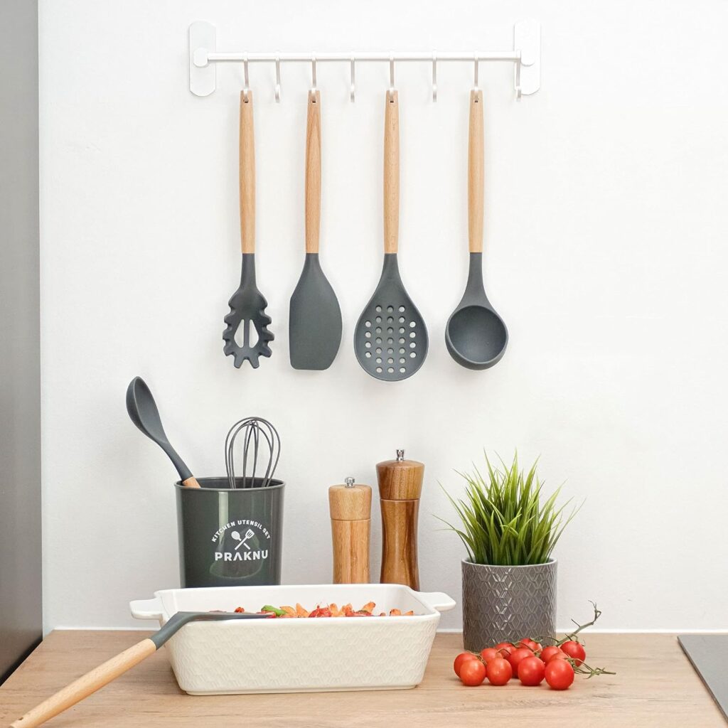 Kitchen Utensils Set of 8 Wood Heat Resistant Silicone with Hanging Hole