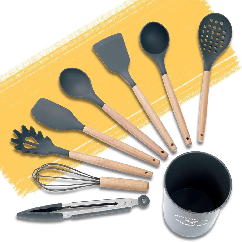 Kitchen Utensils Set of 8 Wood Heat Resistant Silicone with Hanging Hole