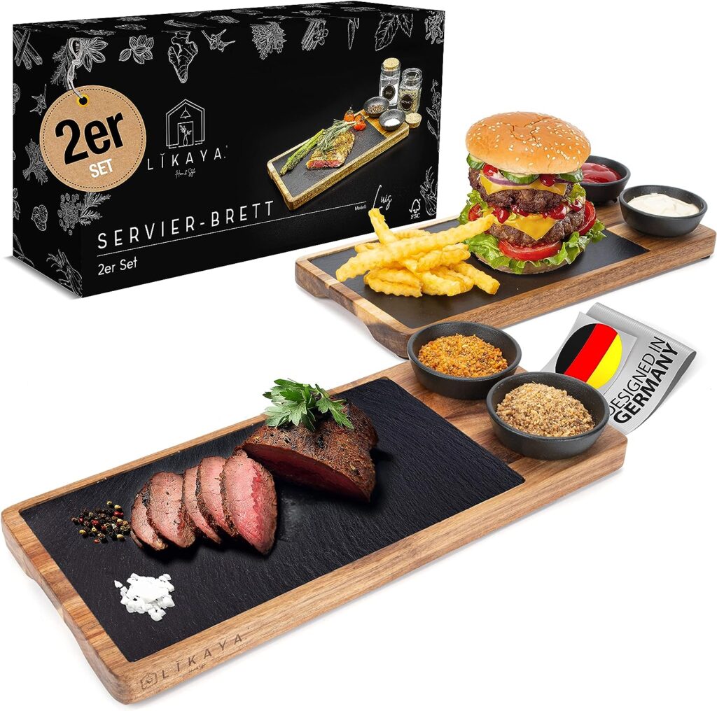 LIKAYA® Luis Serving Board Set of 2 Made of FSC® Certified Acacia Wood with Slate Plate and Sauce Bowls for Steak, Burgers, Sushi and Much More – Perfect Accessory e.g. for Grilling!