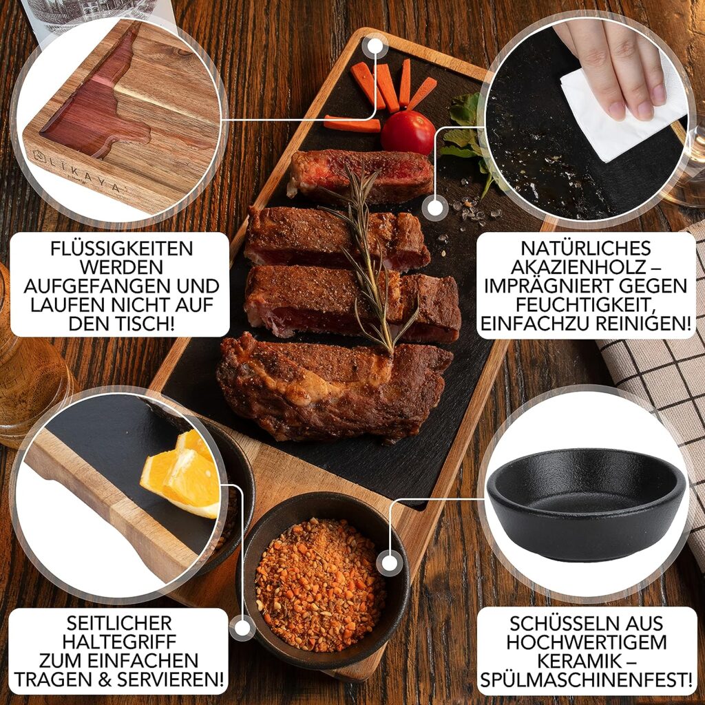 LIKAYA® Luis Serving Board Set of 2 Made of FSC® Certified Acacia Wood with Slate Plate and Sauce Bowls for Steak, Burgers, Sushi and Much More – Perfect Accessory e.g. for Grilling!