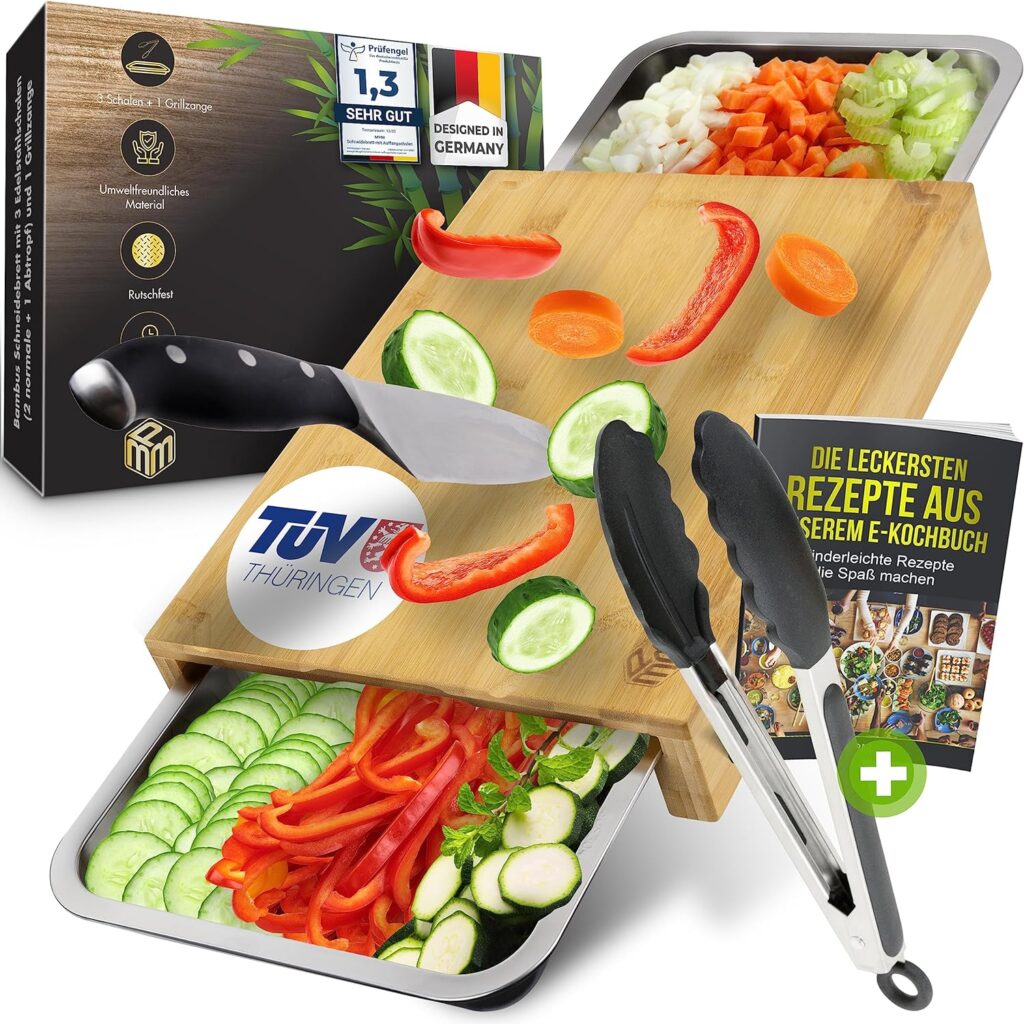 MPM Chopping Board with Collection Trays [High Quality] – TÜV Certified – Non-Slip Bamboo Chopping Board Set with 3 High-Quality Collection Trays Rustproof  Dishwasher Safe Includes E-Book + Barbecue