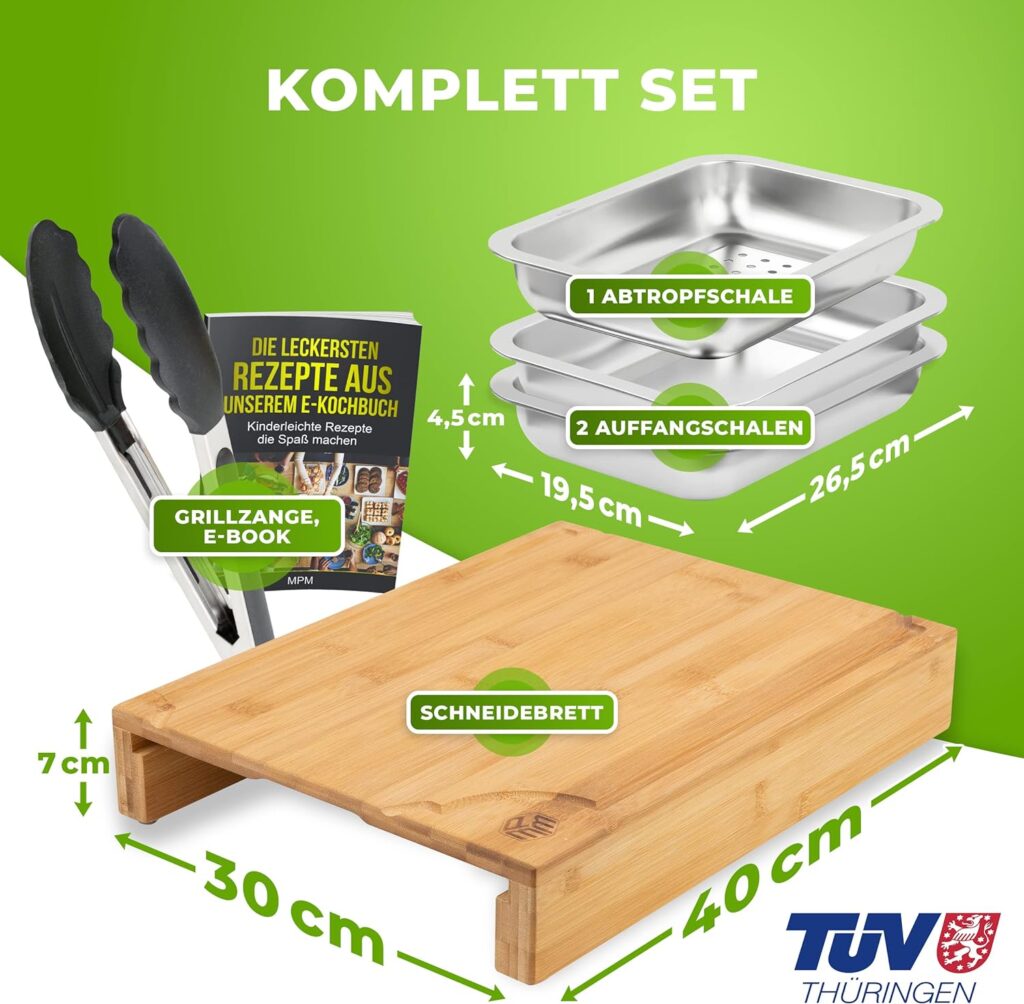 MPM Chopping Board with Collection Trays [High Quality] – TÜV Certified – Non-Slip Bamboo Chopping Board Set with 3 High-Quality Collection Trays Rustproof  Dishwasher Safe Includes E-Book + Barbecue