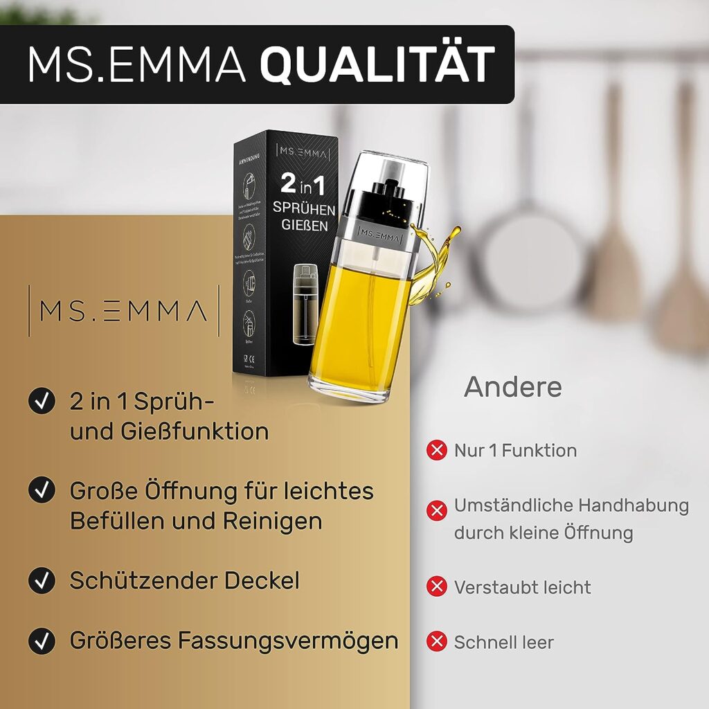 MS. EMMA Oil sprayer with practical spout - ingenious 2-in-1 function for versatile use - stylish oil spray and practical oil bottle with spout in one. The perfect kitchen aid