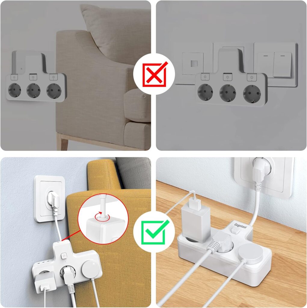 Multiple Socket, Gogotool USB Socket Extensions, 3 Sockets with 3 USB Ports, 6-in-1 Socket Adapter with Flexible Cable, Power Strip for Household Appliance, Smartphone, PC etc. (White)