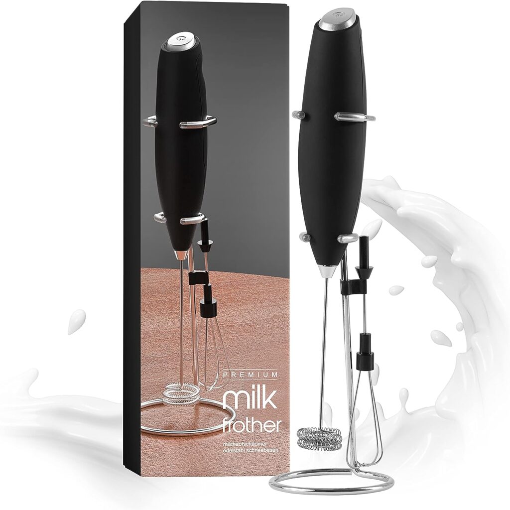 MYRER Milk Frother Stick - Electric Milk Frother, Double Spiral  Stainless Steel Stand, Battery Operated, Mini Milk Frother  Café Frappe Mixer for Milk Foam, Dessert, Puree, Sauces  Scrambled Eggs