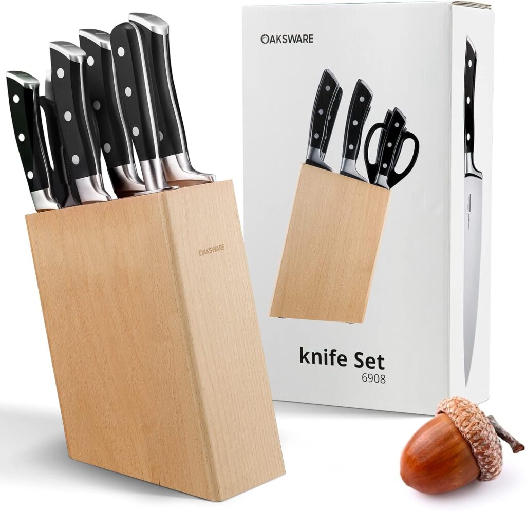 OAKSWARE Knife Block Set 8 Pieces Knife Set Kitchen Knife Set Made of German Stainless Steel Professional Kitchen Knife Set Chefs Knife Santoku Knife Bread Knife with Full Tang Handle Sharp Blade Wooden Block