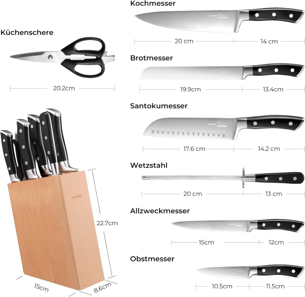 OAKSWARE Knife Block Set 8 Pieces Knife Set Kitchen Knife Set Made of German Stainless Steel Professional Kitchen Knife Set Chefs Knife Santoku Knife Bread Knife with Full Tang Handle Sharp Blade Wooden Block