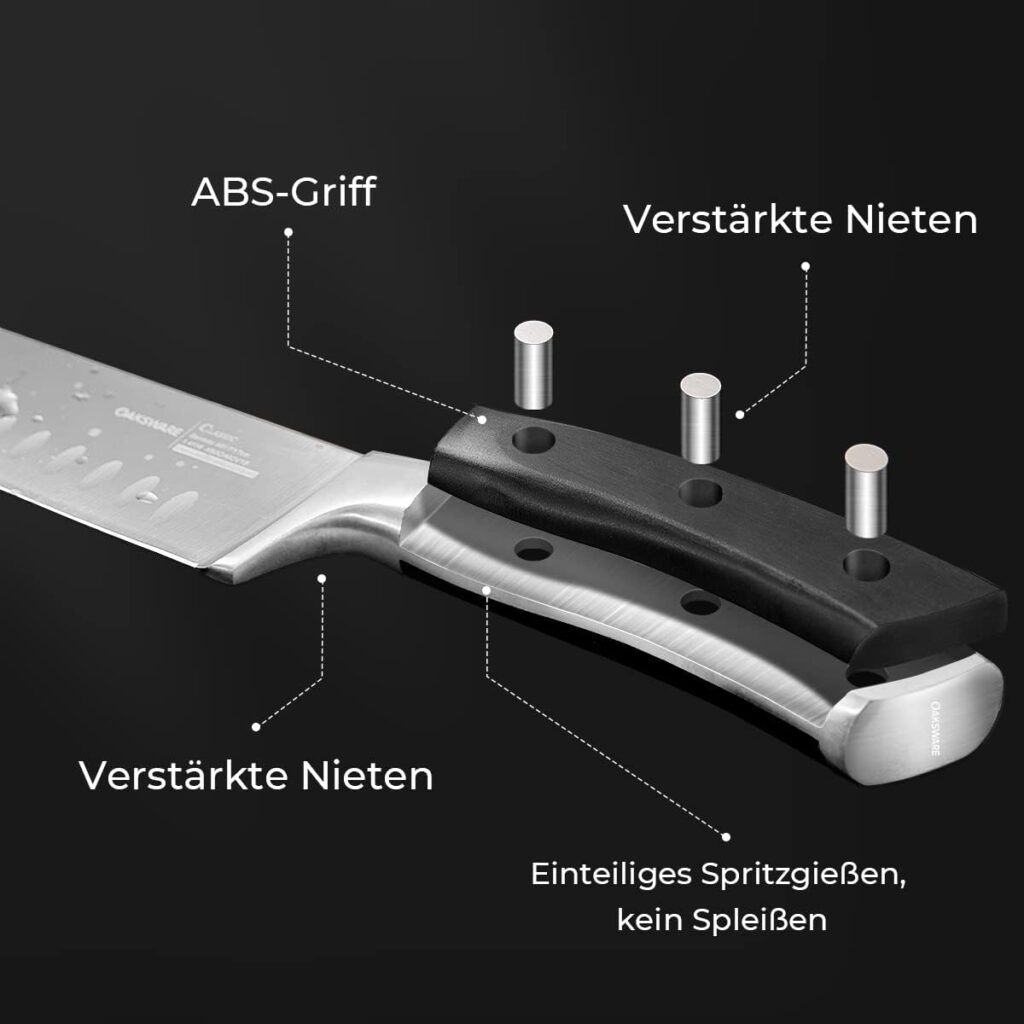 OAKSWARE Knife Block Set 8 Pieces Knife Set Kitchen Knife Set Made of German Stainless Steel Professional Kitchen Knife Set Chefs Knife Santoku Knife Bread Knife with Full Tang Handle Sharp Blade Wooden Block