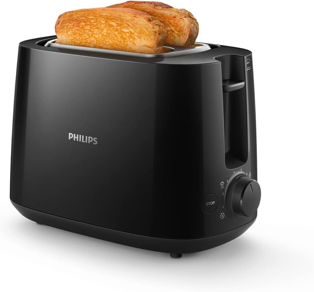 PHILIPS Toaster - 2 Toast Slots, 8 Levels, Bread Attachment, Defrost Function, Lift Function, Automatic Shut-Off, Black (HD2581/90)