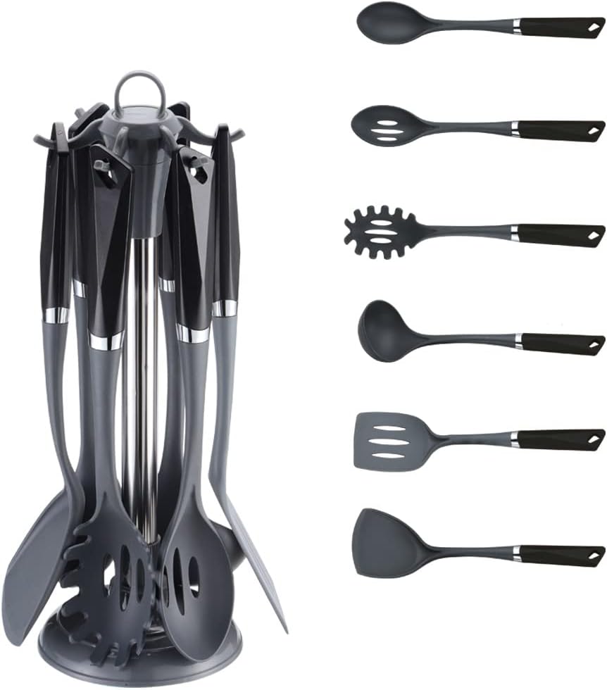 Premium Kitchen Utensil Set, Silicone, Non-Stick Kitchen Utensils Set, BPA-Free Kitchen Accessories, Kitchen Set, Heat-Resistant Cookware, 7 Pieces Cooking Cutlery with Stainless Steel Handle Container, Black