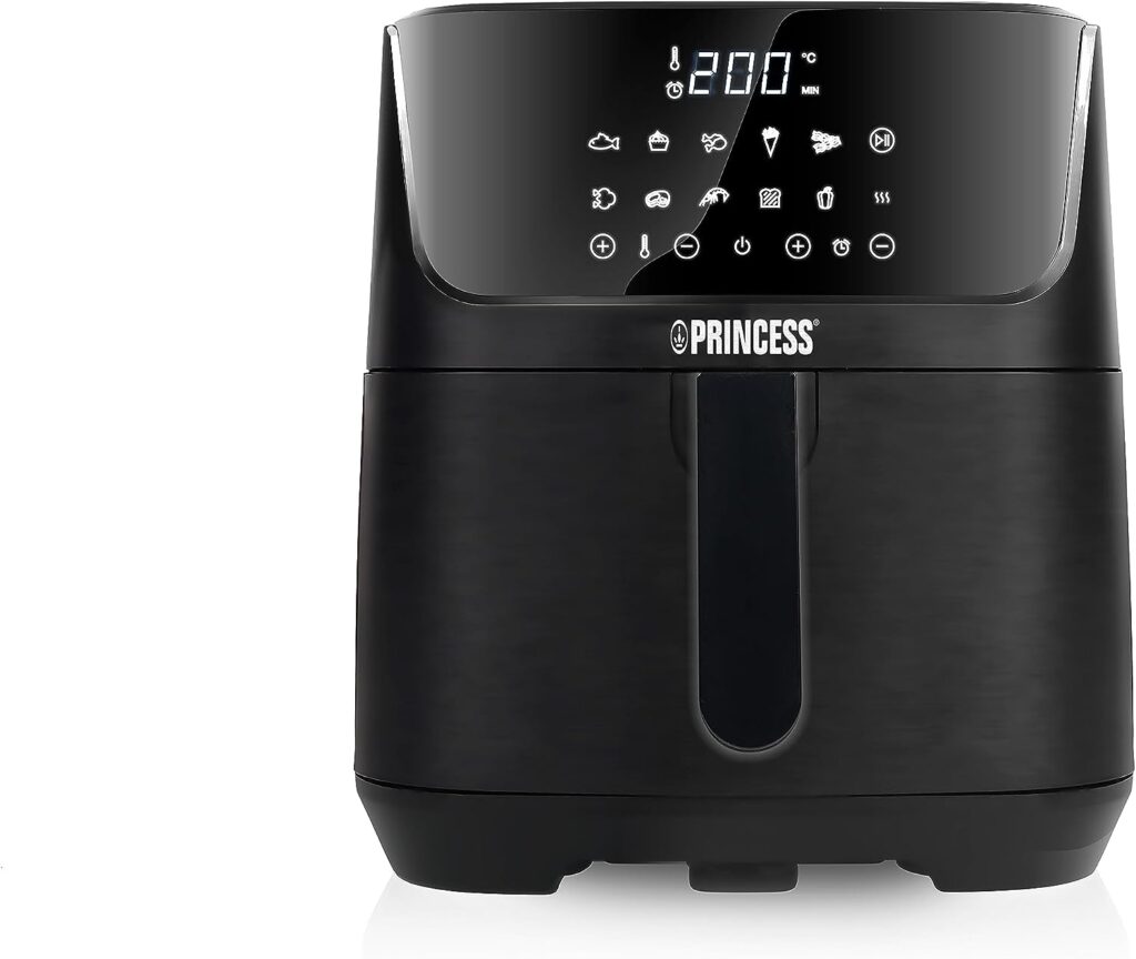 Princess Digital Hot Air Fryer - 6.5 L - with Removable Divider - 60 Percent Less Energy Consumption - with Recipe Book - Digital Touchscreen - 12 Programmes - Oil Free - Black - 182061