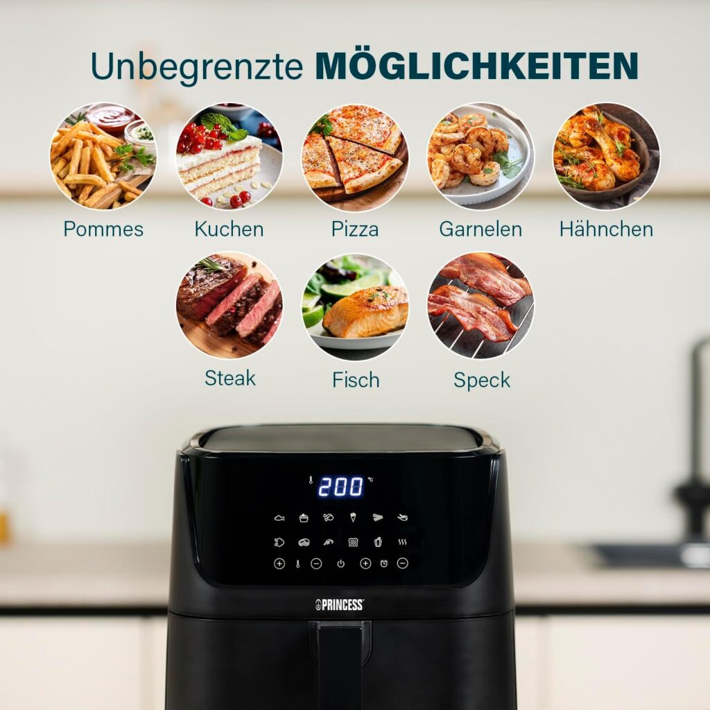 Princess Digital Hot Air Fryer - 6.5 L - with Removable Divider - 60 Percent Less Energy Consumption - with Recipe Book - Digital Touchscreen - 12 Programmes - Oil Free - Black - 182061