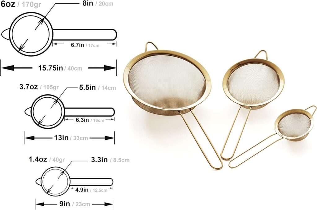 Proto Future Hochwertiges Küchensieb Set, Feinmaschig - 8.5/14/20cm - Premium 304 Edelstahl - Langlebige Siebe in Goldener Farbe, Sieb Set für die Küche