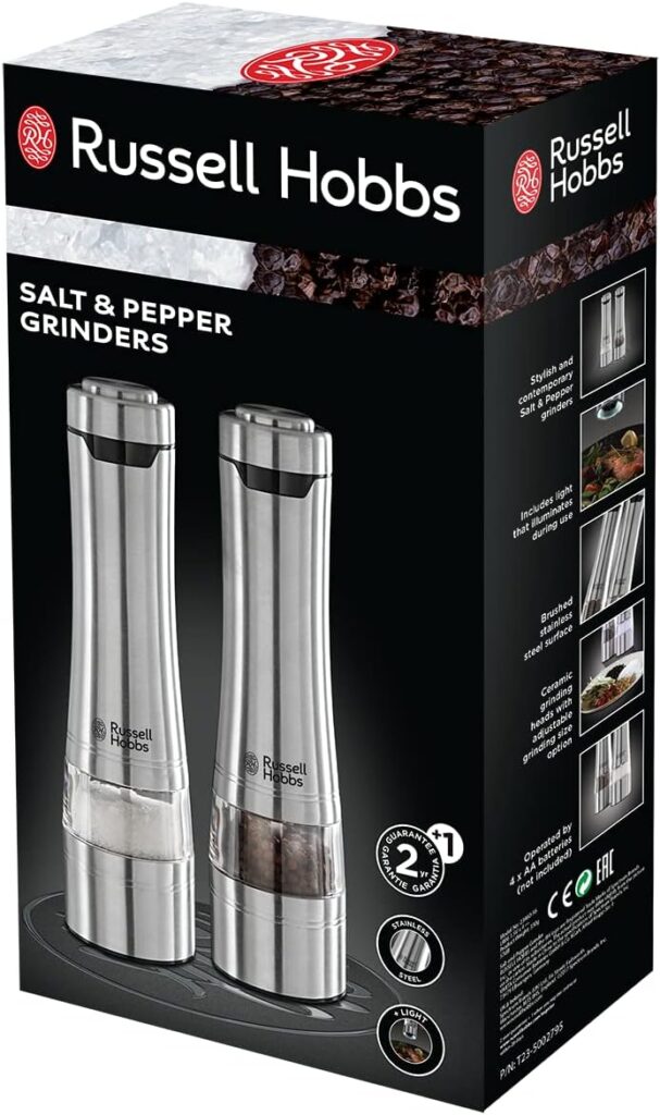 Russell Hobbs Classics Salt and Pepper Grinders, 23460-56, Electric Ceramic Grinders, Illumination, Stainless Steel