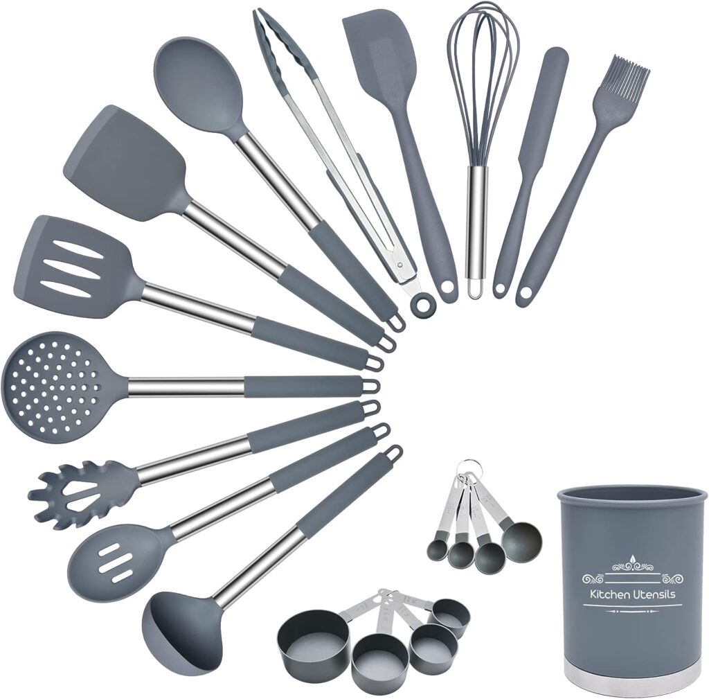 Silicone Cooking Utensils Set for Non-Stick Cookware, 21 Pieces, 230°C Heat Resistant Kitchen Utensils Set with 304 Stainless Steel Handle (Grey)