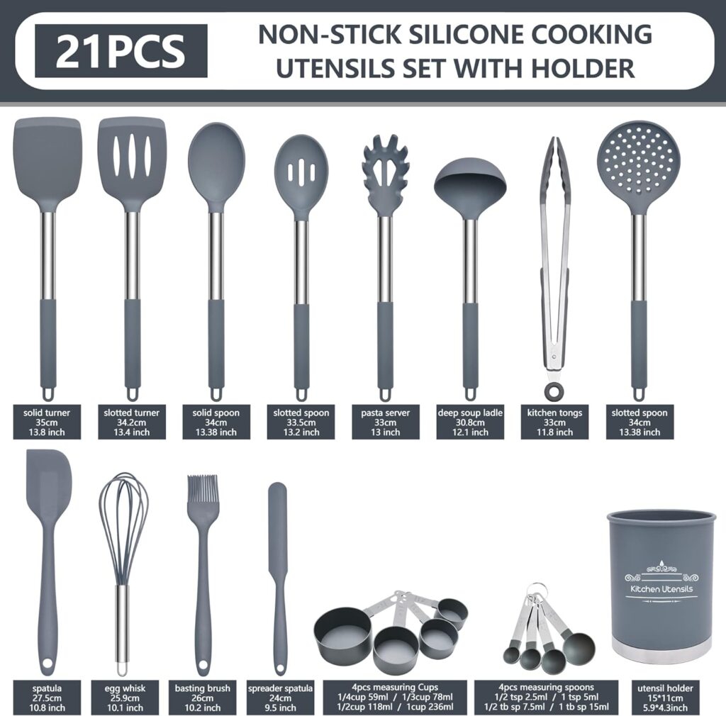 Silicone Cooking Utensils Set for Non-Stick Cookware, 21 Pieces, 230°C Heat Resistant Kitchen Utensils Set with 304 Stainless Steel Handle (Grey)