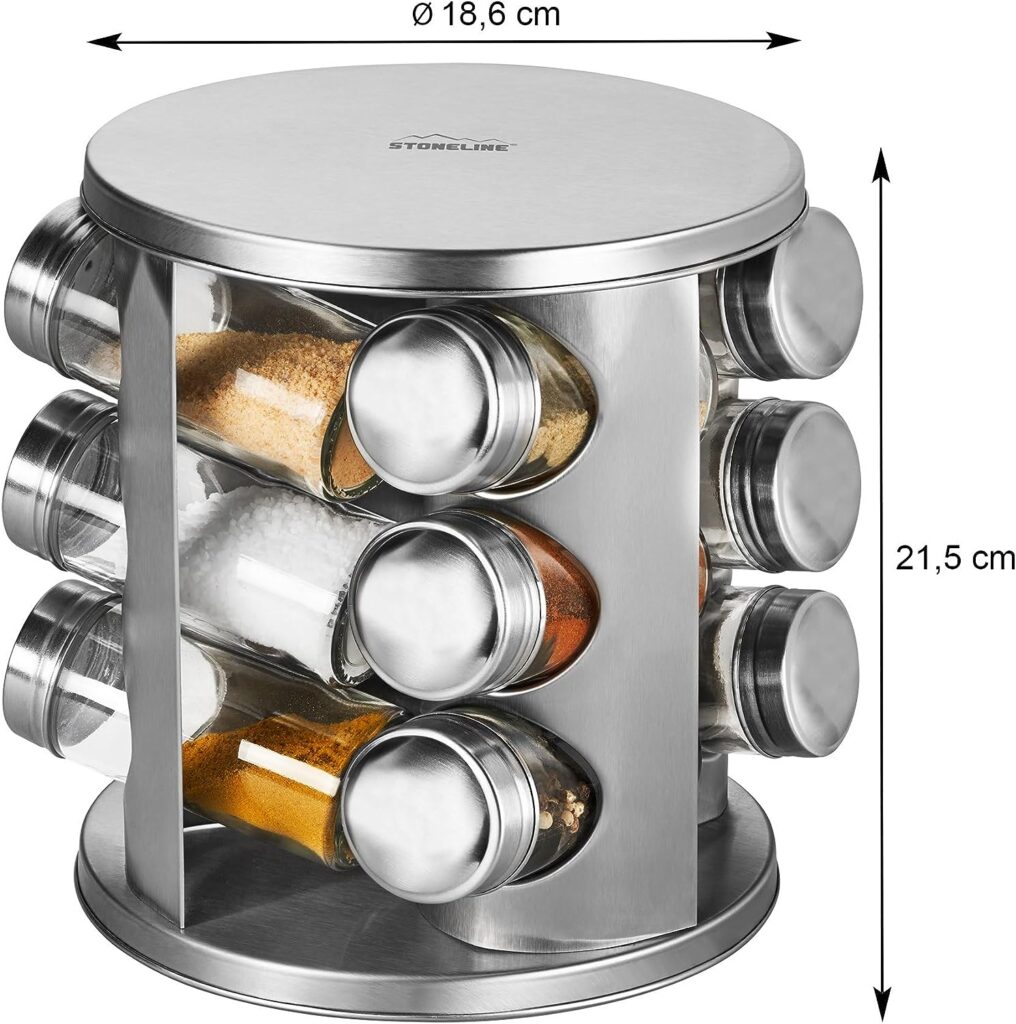 STONELINE Spice Rack, Rotating Stainless Steel Spice Rack with 12 Spice Jars, Spice Rack Standing with Sticker for Labelling, Kitchen Accessories for Storage in the Kitchen