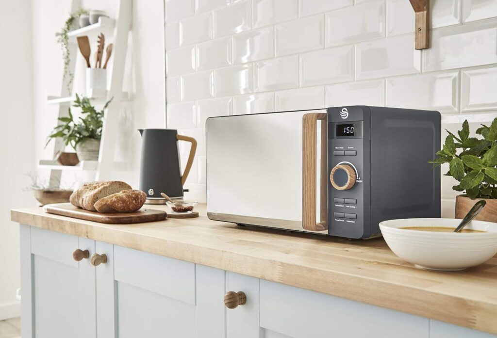 Swan Nordic Breakfast Set, 1.7-Litre Kettle, 2,200 W, Wide-Slot Toaster for 4 Slices, Digital Microwave, 20 Litres, Modern Design, Wood Look, Slate Grey