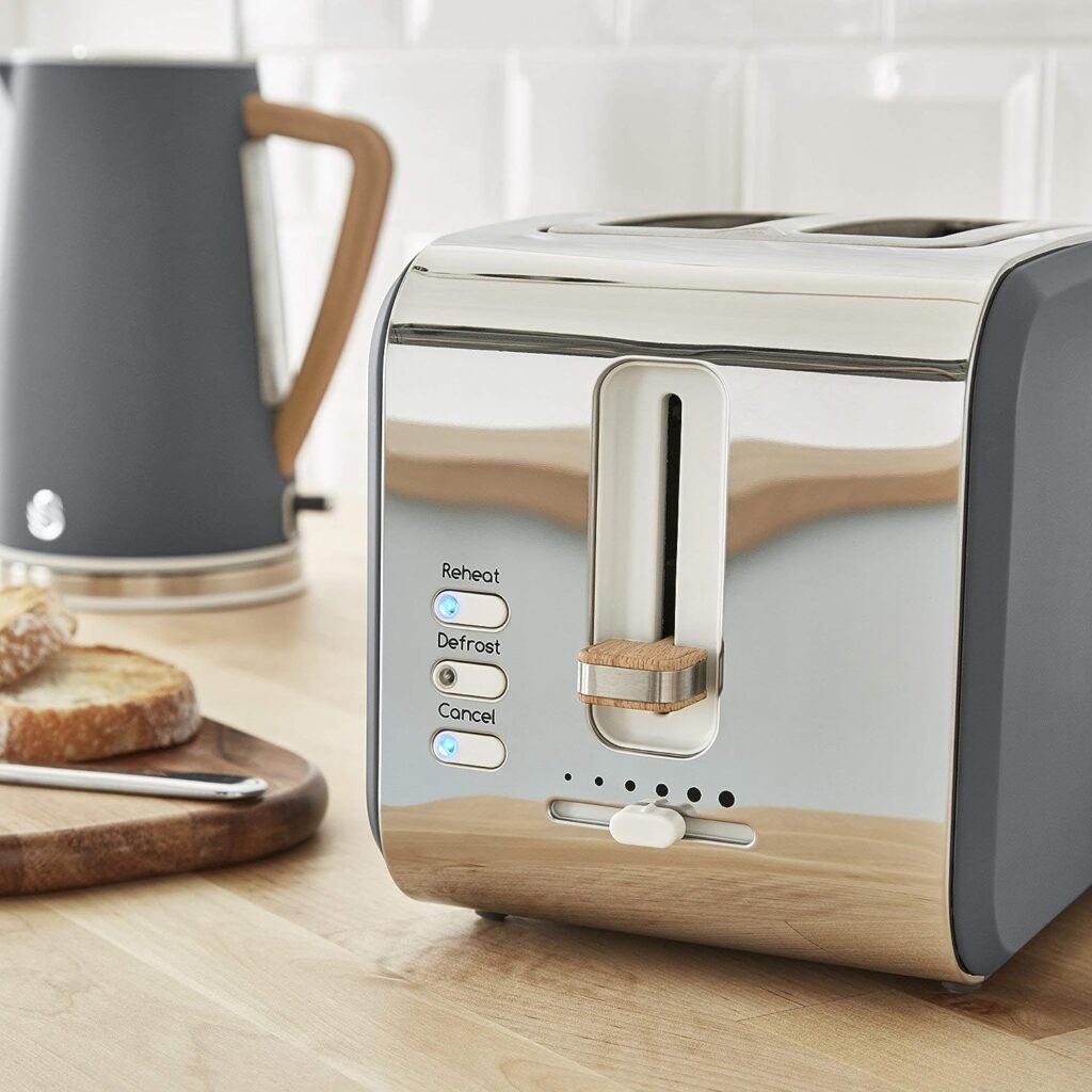 Swan Nordic Breakfast Set of Wide-Slot Toaster, 2200 W, 2-Slice, 1.7 Litre Kettle, Digital Microwave 20 L, Modern Design, Wood Effect, Grey