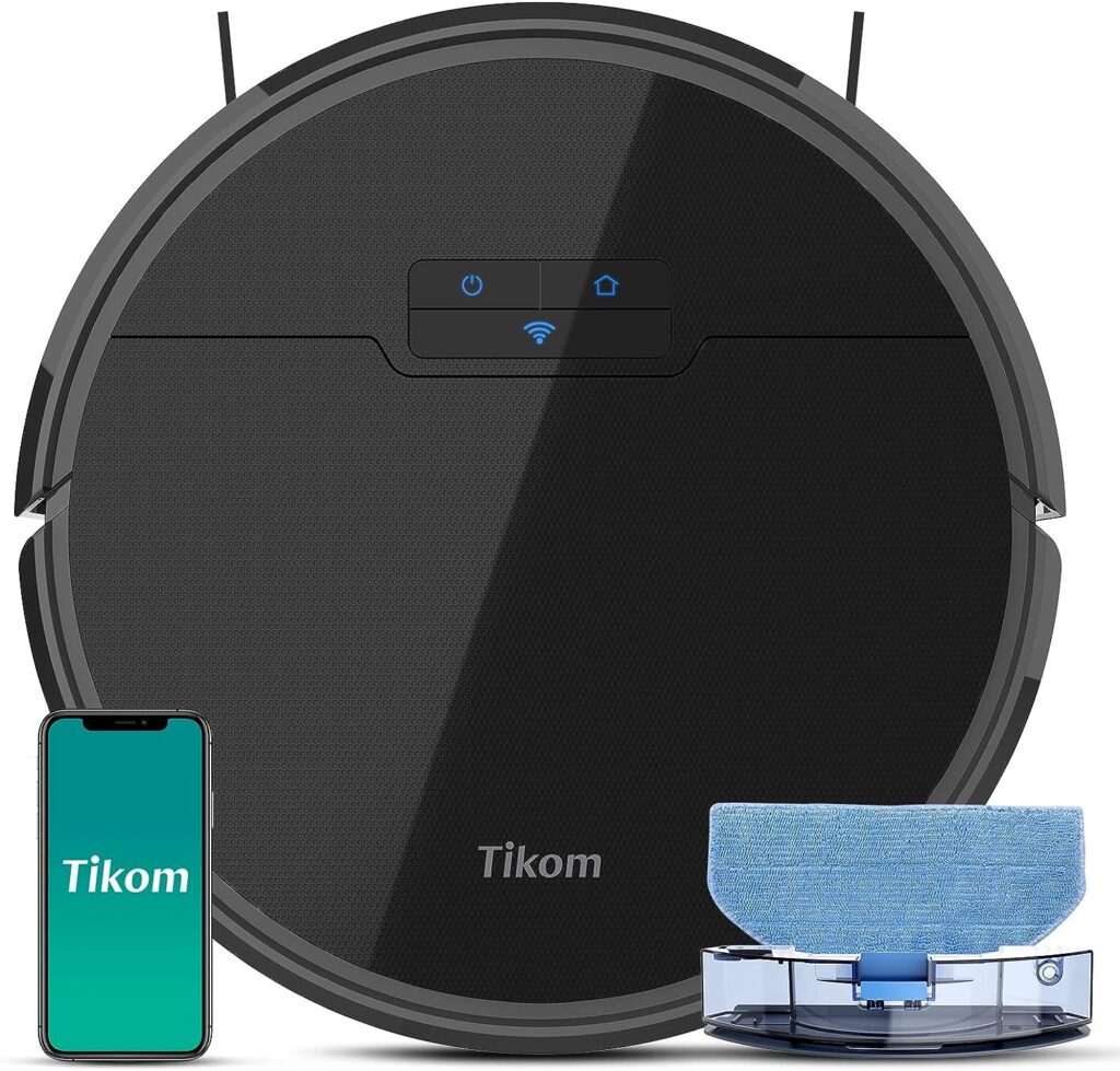 Tikom G8000 Robot Vacuum Cleaner with Mop Function, 2700Pa Suction Power, WiFi, Ideal for Pet Hair, Carpets and Hard Floors, Black