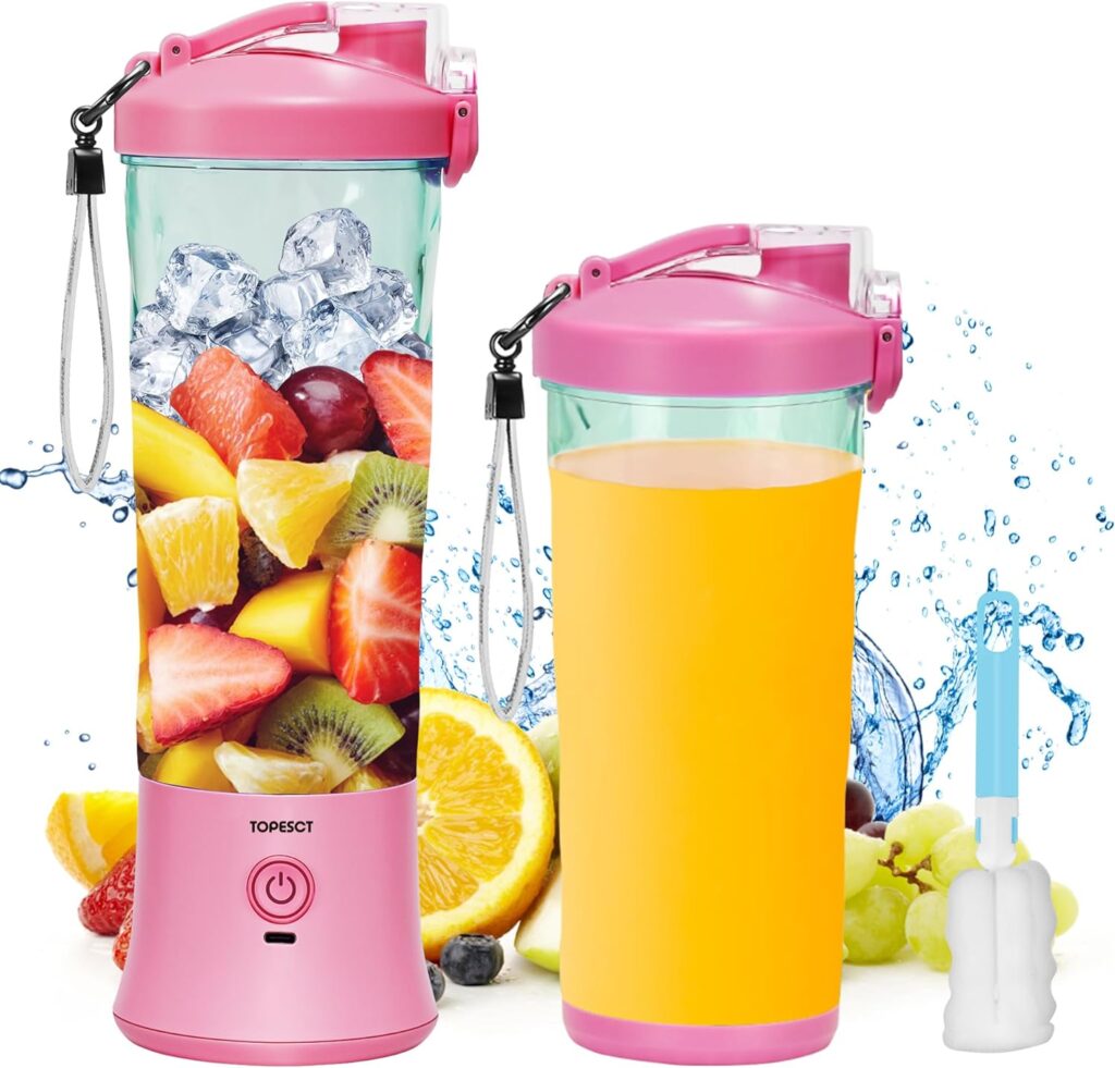 TOPESCT 600 ml Tragbarer Mixer Smoothie Maker, Mini Smoothie Mixer USB Wiederaufladbar, Starke Schneidleistung mit 6 Ultrascharfen Klingen für Reise, Büro  Sport (Rosa)