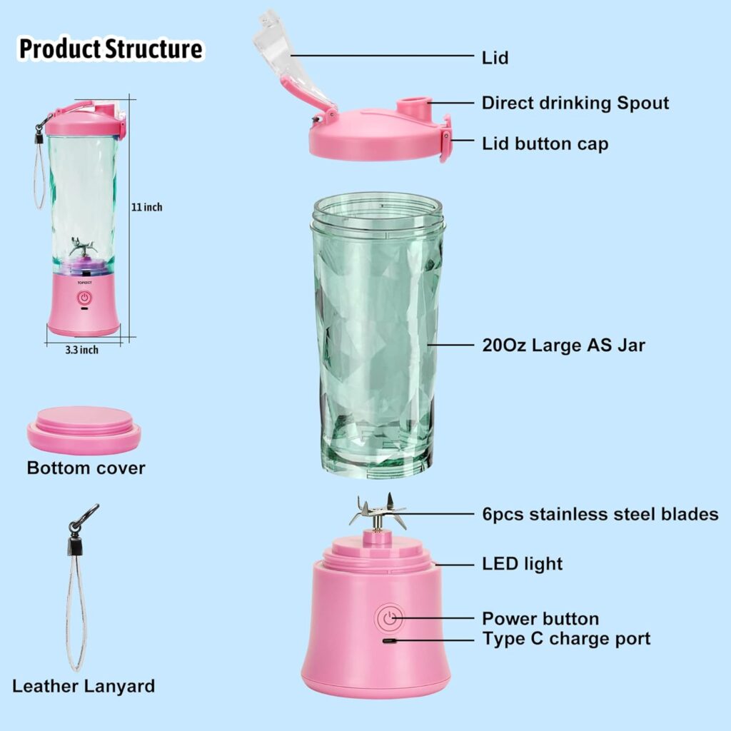 TOPESCT 600 ml Tragbarer Mixer Smoothie Maker, Mini Smoothie Mixer USB Wiederaufladbar, Starke Schneidleistung mit 6 Ultrascharfen Klingen für Reise, Büro  Sport (Rosa)