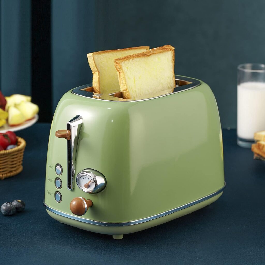 Wiltal Retro Toaster 2 Slices 6 Adjustable Browning Levels Stainless Steel with High-Quality Bun Attachment Warm-Up Defrost Cancel Function, Countdown Display, Quick Toast Technology (Green)