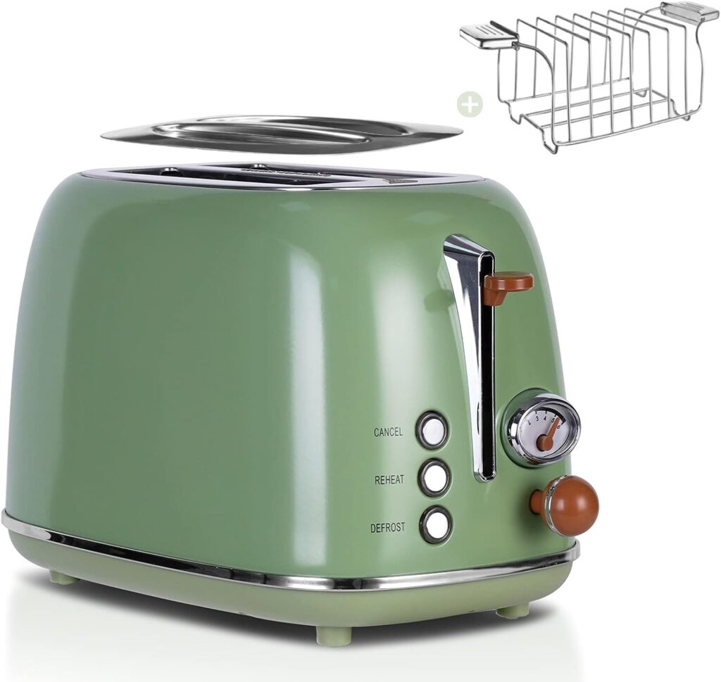 Wiltal Retro Toaster 2 Slices 6 Adjustable Browning Levels Stainless Steel with High-Quality Bun Attachment Warm-Up Defrost Cancel Function, Countdown Display, Quick Toast Technology (Green)