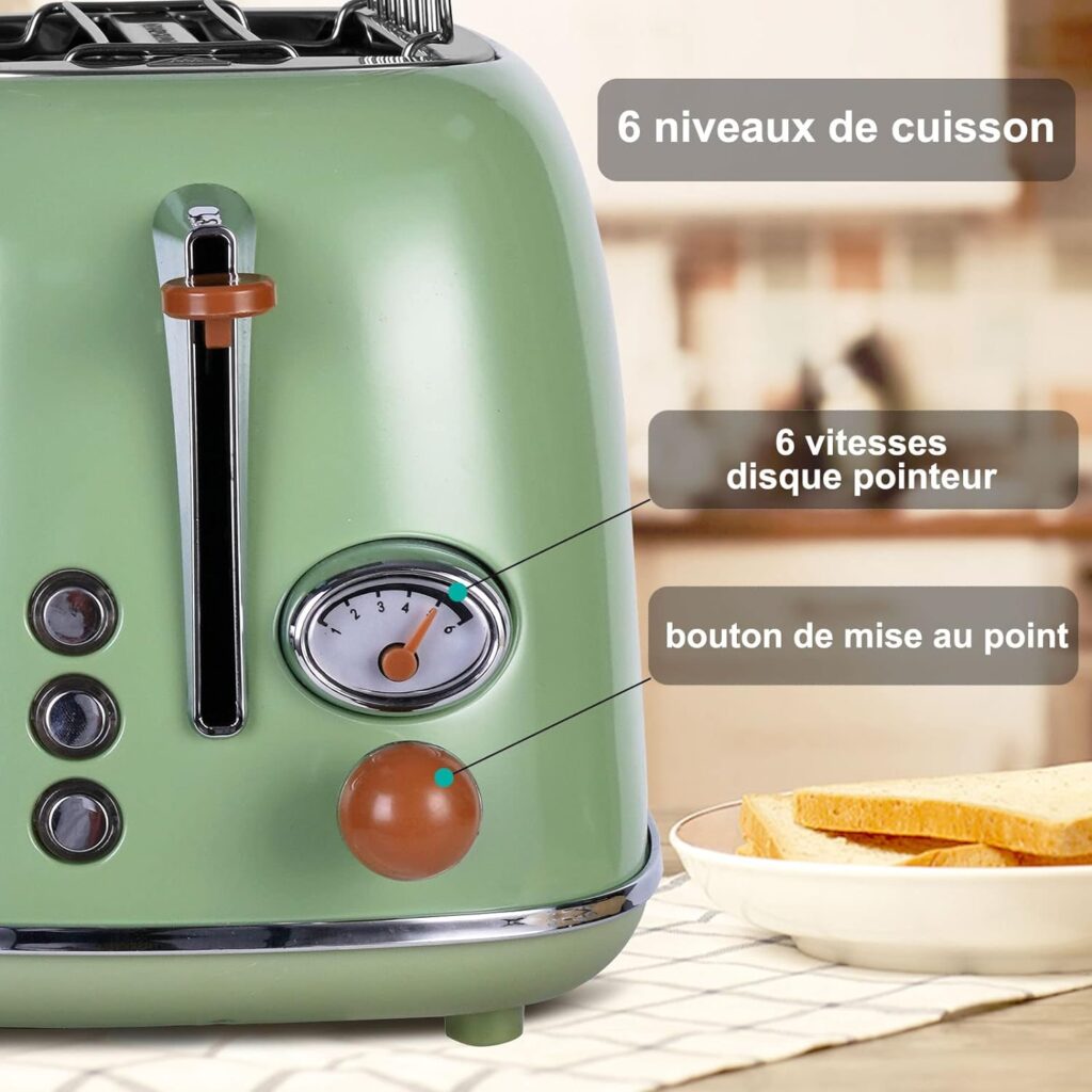 Wiltal Retro Toaster 2 Slices 6 Adjustable Browning Levels Stainless Steel with High-Quality Bun Attachment Warm-Up Defrost Cancel Function, Countdown Display, Quick Toast Technology (Green)