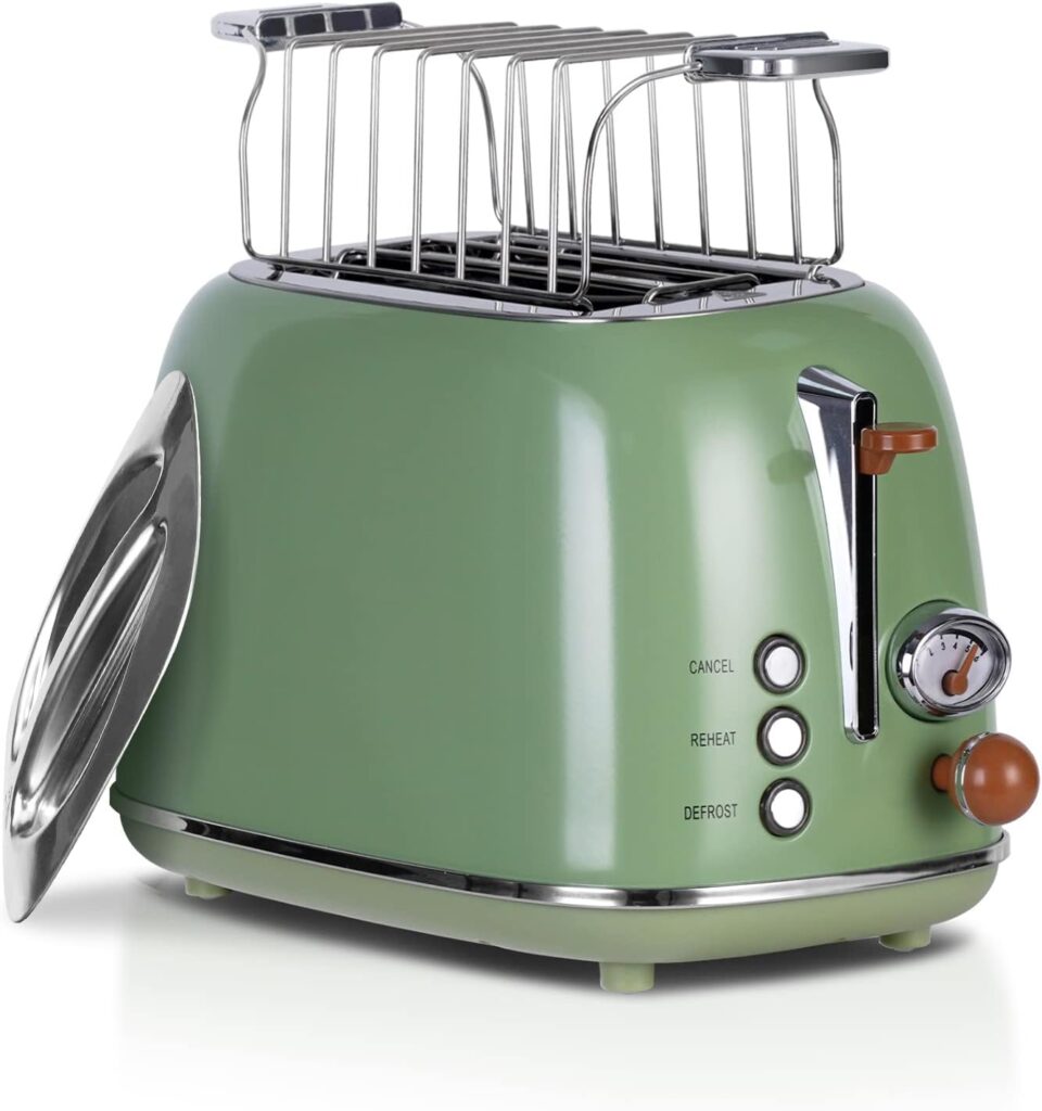 Wiltal Retro Toaster 2 Slices 6 Adjustable Browning Levels Stainless Steel with High-Quality Bun Attachment Warm-Up Defrost Cancel Function, Countdown Display, Quick Toast Technology (Green)