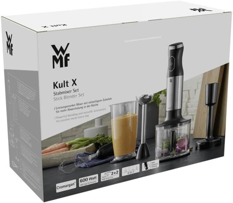 WMF Kult X Hand Blender Set 5 Pieces Purée Whisk Masher Chopper 600 Watt Magic Wand with 700 ml Mixing Container Matte Stainless Steel