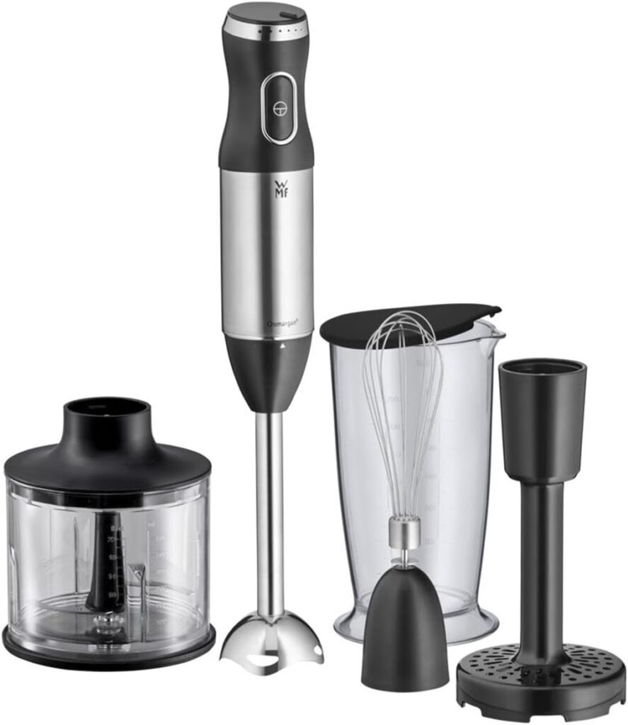 WMF Kult X Hand Blender Set 5 Pieces Purée Whisk Masher Chopper 600 Watt Magic Wand with 700 ml Mixing Container Matte Stainless Steel